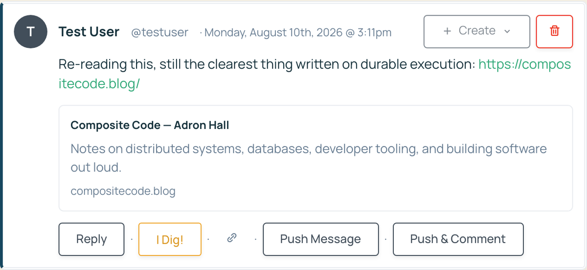 A posted message showing an auto-linked URL that expanded into a preview card with title, description, and thumbnail