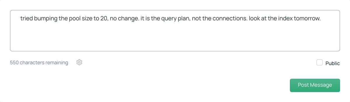 The message composer with the Public checkbox clearly unchecked, a private note being typed into it