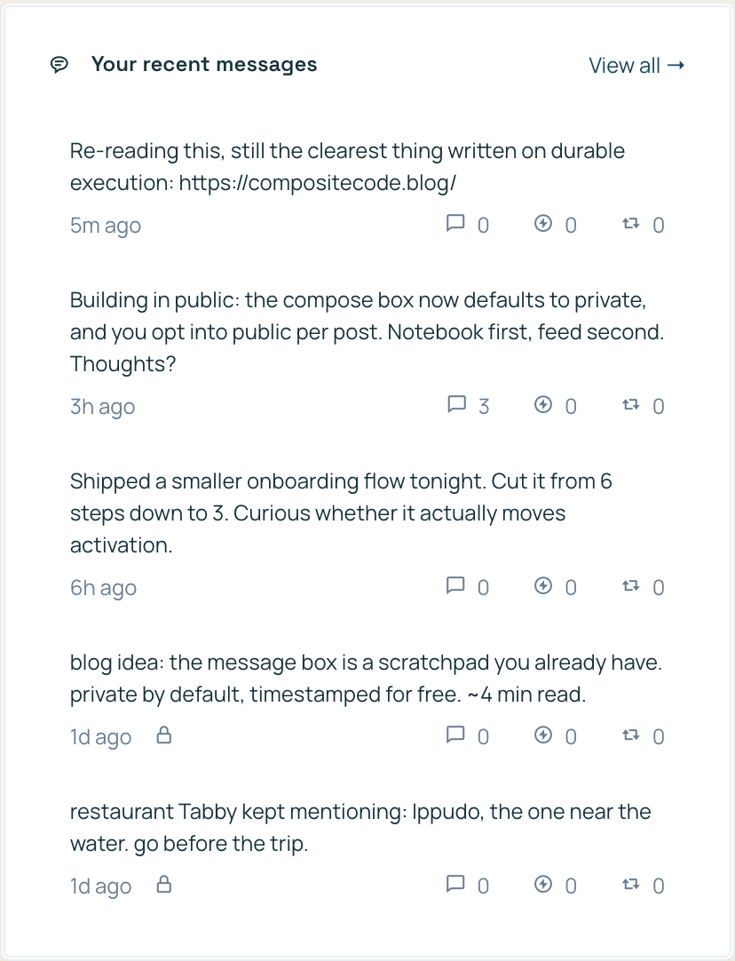 A vertical stack of short private messages, each with a timestamp a few minutes apart, forming a running incident log
