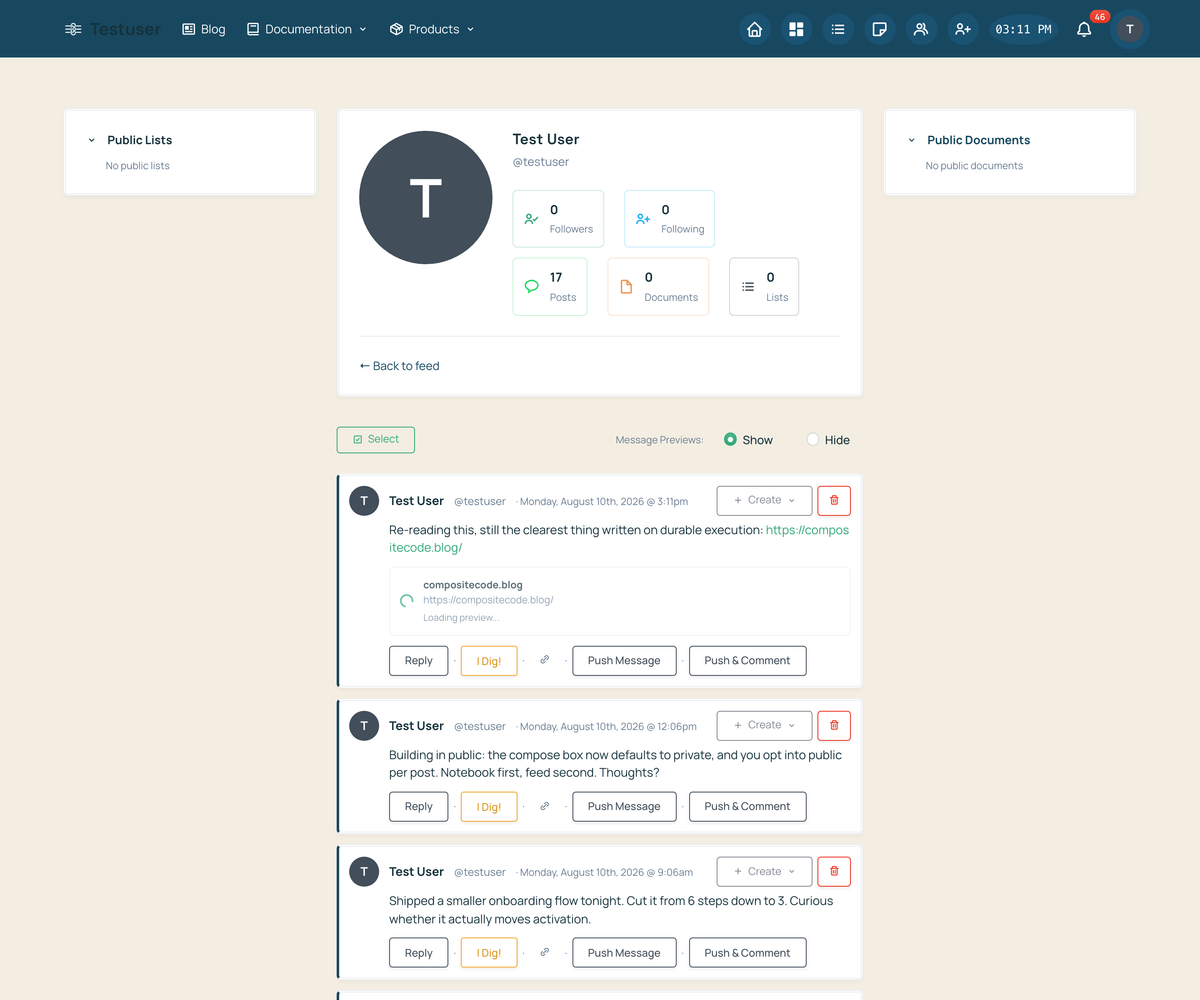 A user's own wall showing a chronological column of their posts, newest at the top, each with a timestamp