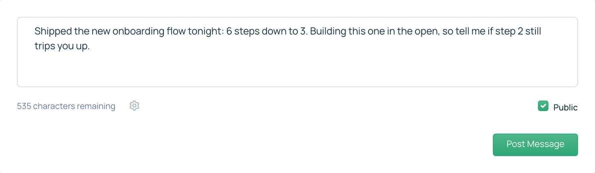 The composer with the Public checkbox now checked, ready to post a build-in-public update