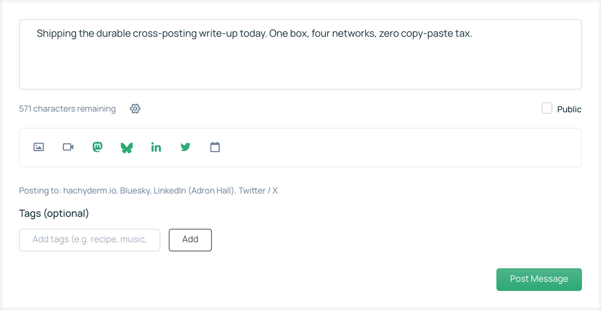 The advanced composer with cross-post toggles for Bluesky, Mastodon, LinkedIn, and X all switched on beneath the text box