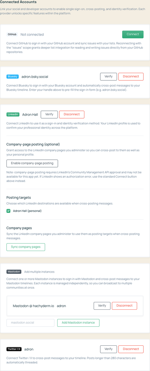 The integrations settings screen showing Bluesky, Mastodon, LinkedIn, and X each with a Connected status