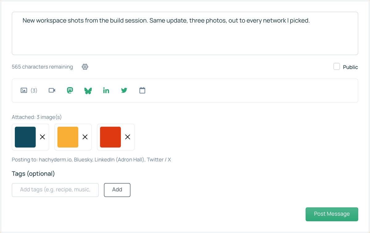 The composer with three images attached below the text and cross-post toggles active