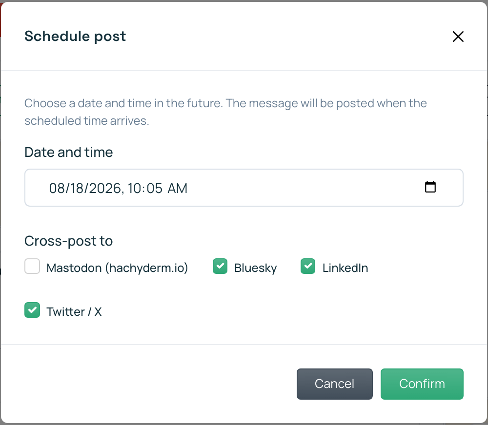 The composer's schedule picker open, showing a future date and time selected for a written-but-unpublished post