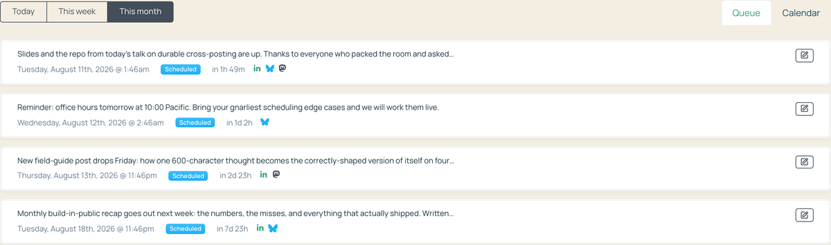 A scheduled-posts queue listing upcoming posts ordered by their send time, each with a Scheduled badge