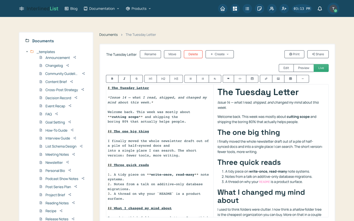 The document editor in Live mode: a formatting toolbar across the top, Markdown source on the left, and the rendered newsletter draft on the right, with the folder tree in the sidebar
