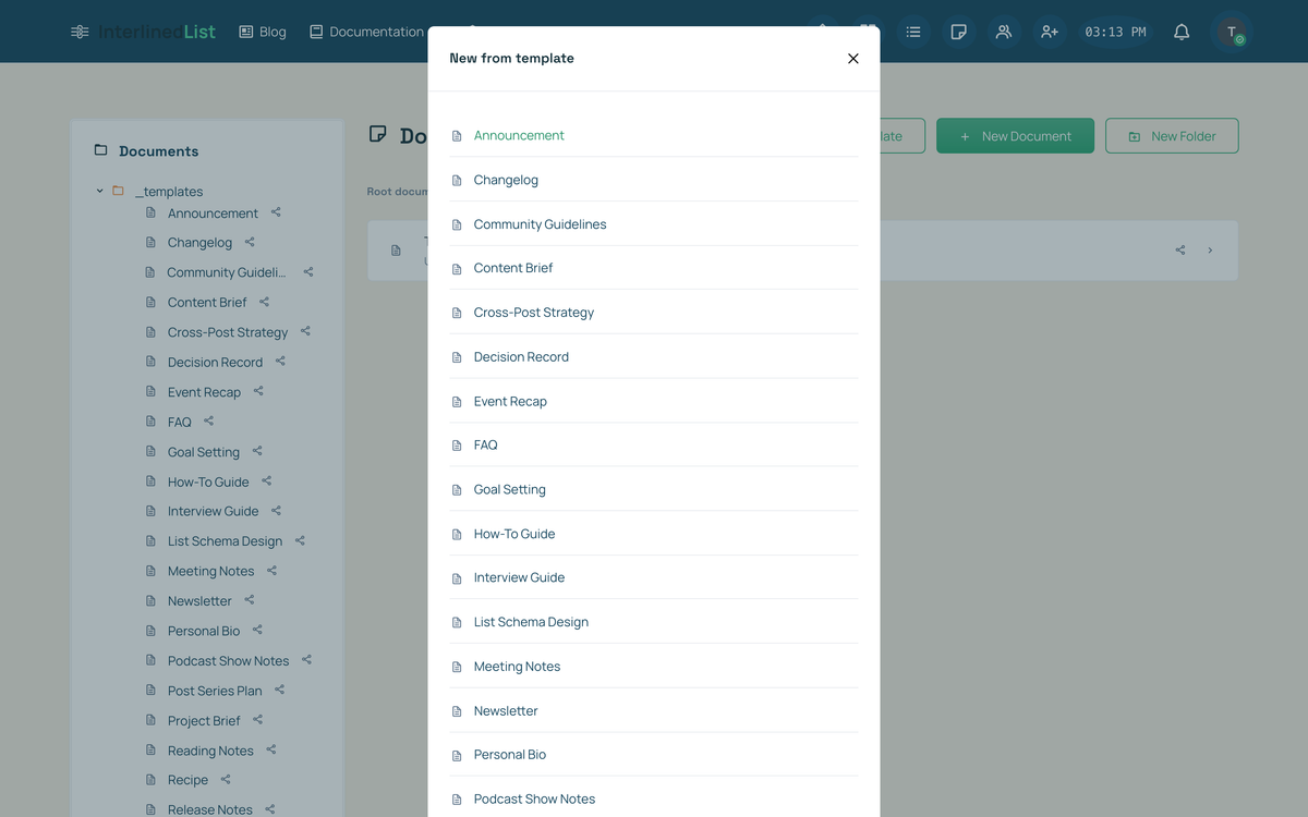 The "New from template" picker open as a modal, listing built-in starters including Announcement, Changelog, Content Brief, Decision Record, Meeting Notes, and Newsletter