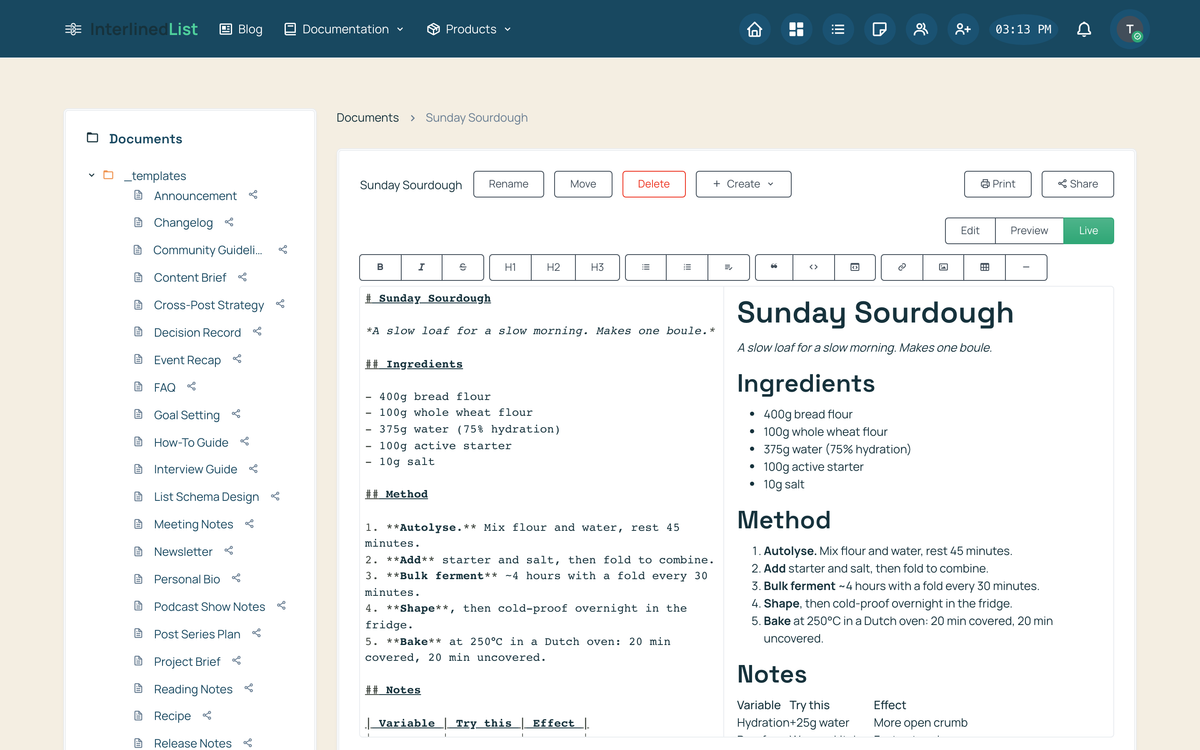 The editor formatting toolbar across the top, above a sourdough recipe rendered live: an ingredients list, numbered method, and a substitutions table