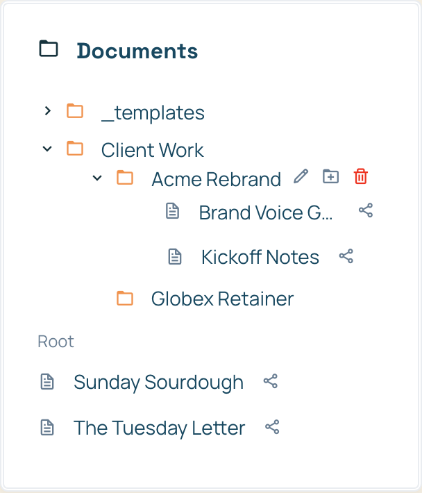 The Documents sidebar tree showing a nested hierarchy: Client Work containing Acme Rebrand, which contains two documents, alongside a Globex Retainer folder