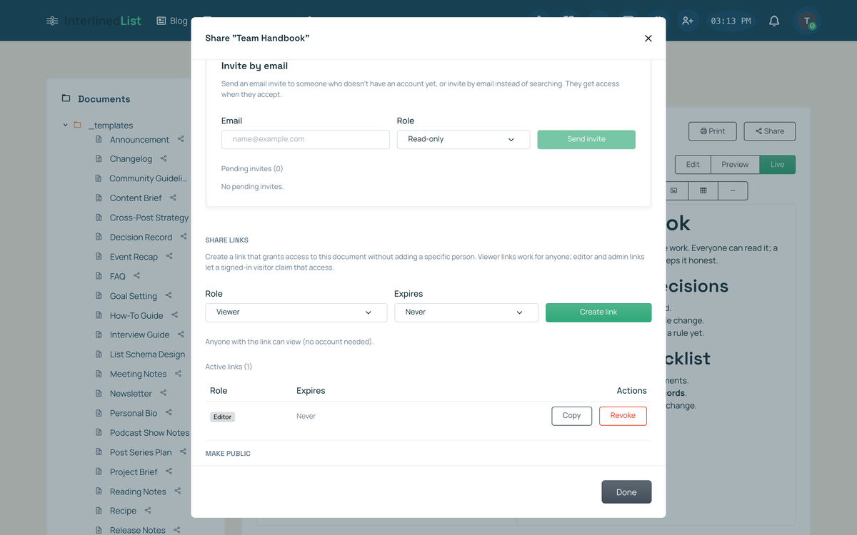 The Share modal for a document: an invite-by-email form with a role selector, a share-link generator with role and expiry, an active editor link, and a Make public toggle