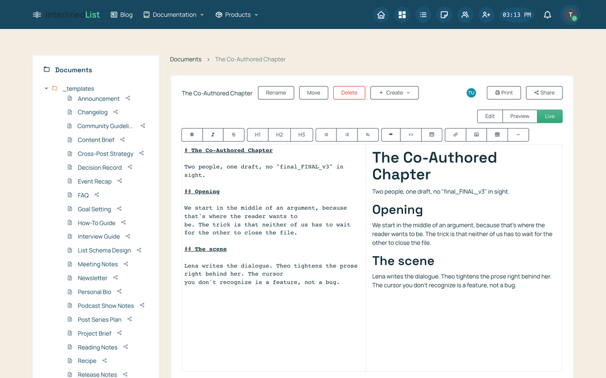 The document editor showing a second editor present: a colored avatar in the header next to the document controls, while the shared chapter is open