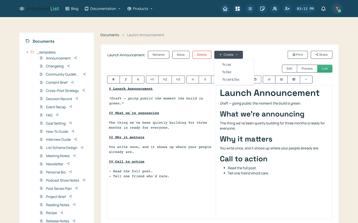 The document editor's Create menu open, showing three options: To List, To Doc, and To List & Doc