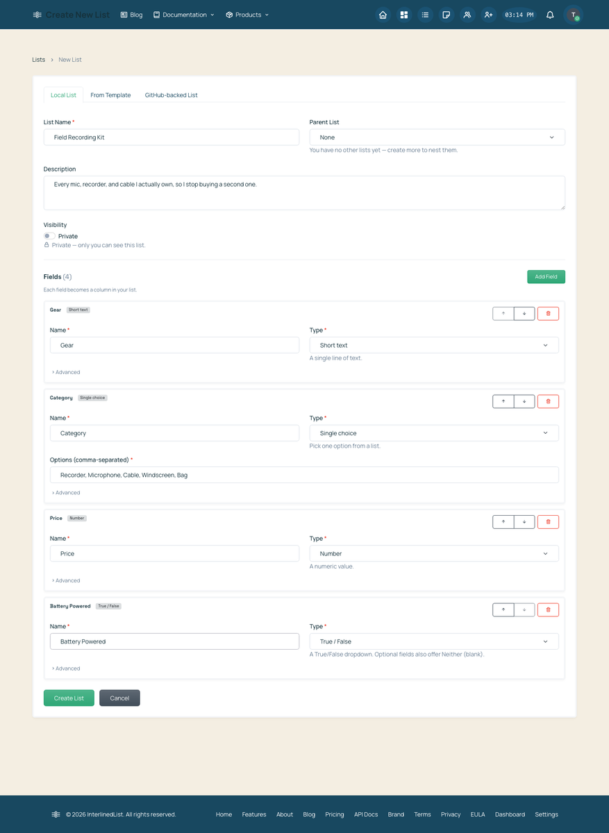 The Create New List builder with a list named Field Recording Kit and four fields: Gear, Category, Price, and Battery Powered
