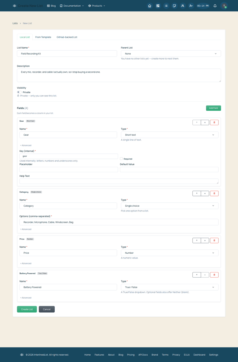 A field's Advanced panel expanded, showing Key, Required, Placeholder, Default Value, and Help Text controls